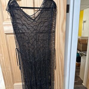 Shiba Vintage Black and iridescent Beads Split Cover Overhead Maxi Dress